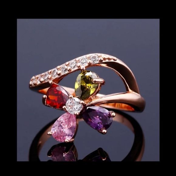 Rose gold 585 filled amethyst Peridot ruby and sapphire zirconia flower boho rin - Picture 1 of 4
